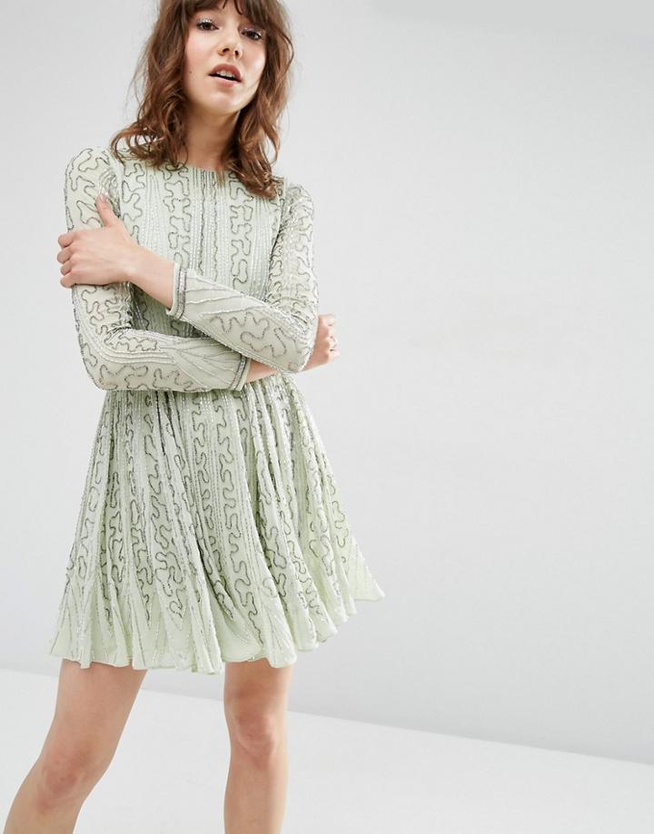 Asos Beautiful Bugle Beaded Long Sleeve Skater Dress - Blue