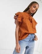 Object Ipek Broderie Frill Sleeve Top In Orange-brown