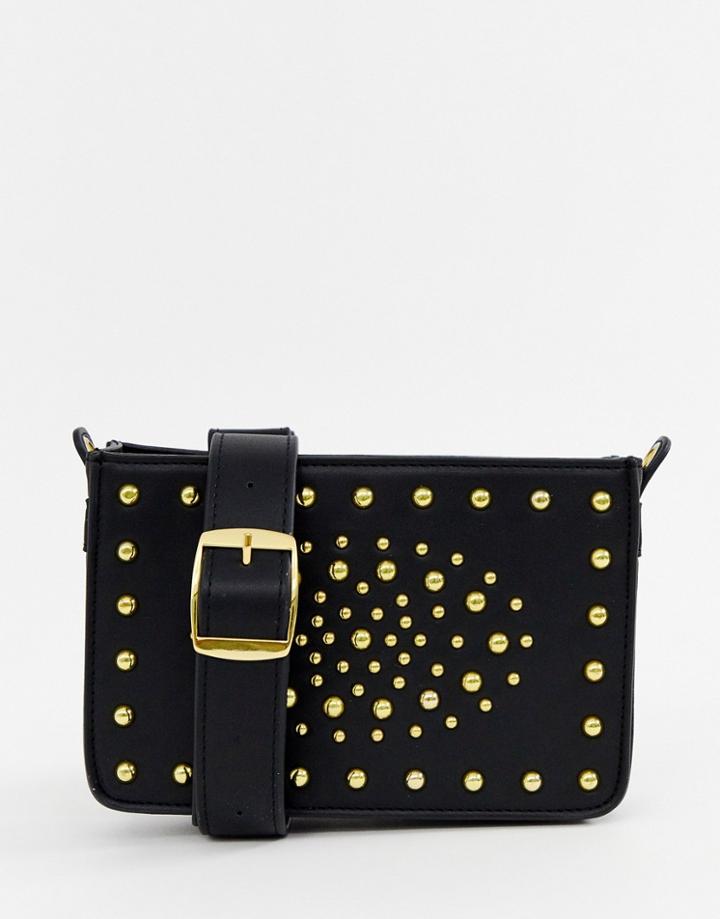 Asos Edition Cross Body Shoulder Flight Bag In Black With Gold Studs - Black