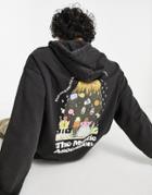 Asos Design Oversized Hoodie In Black Vintage Wash With Cartoon Back Print