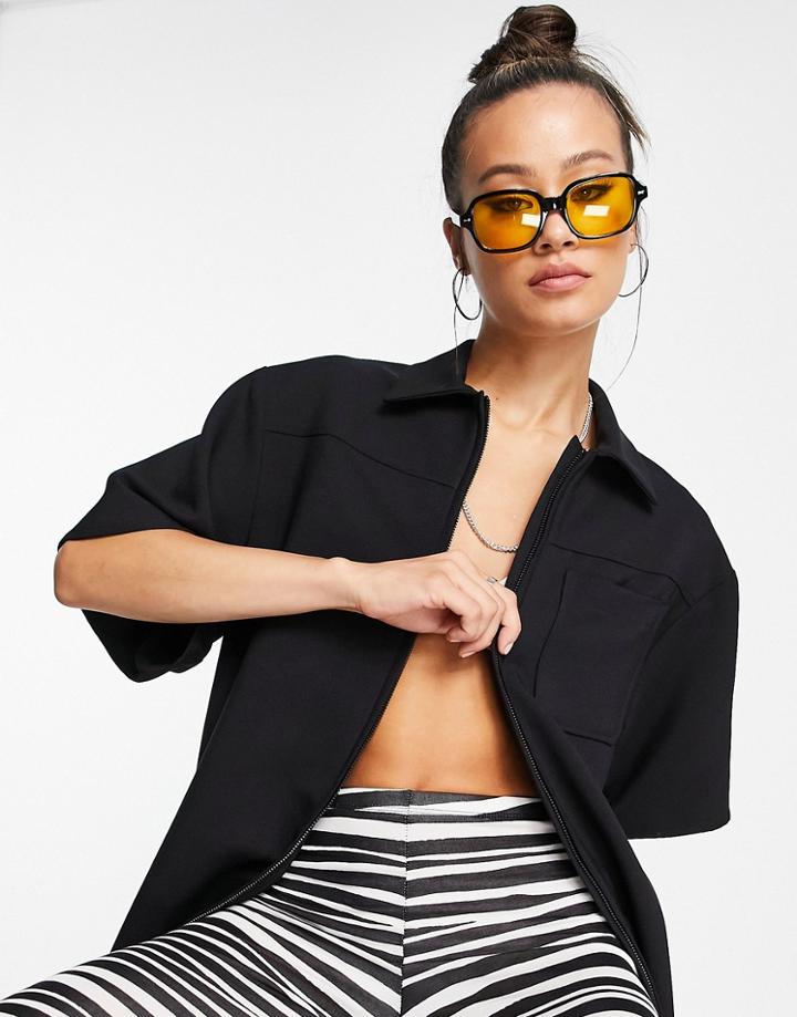 Topshop Premium Zip Front Shirt In Black