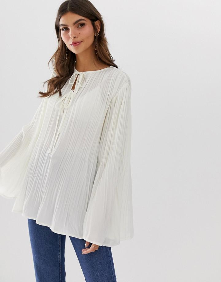 Asos Design Long Sleeve Pleated Smock Top - Cream