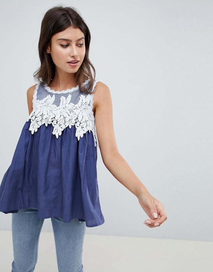 Qed London Lace Detail Top - Navy