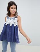 Qed London Lace Detail Top - Navy
