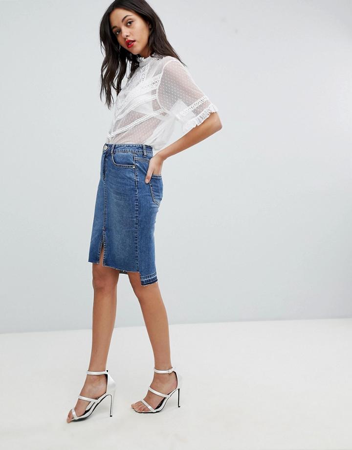 Lipsy Denim Pencil Skirt With Step Hem - Blue