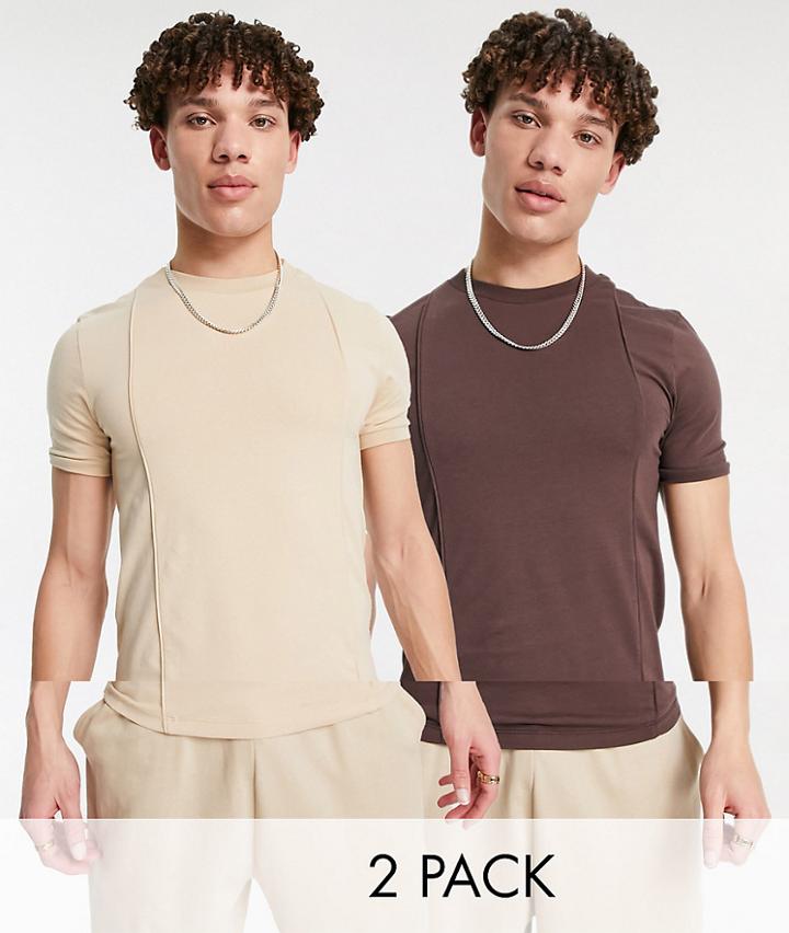 Asos Design 2-pack Muscle Fit T-shirts With Pintucks In Brown And Beige-multi
