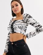Asos Design Square Neck Crop Top With Hook And Eye Detail In Mono Print-multi