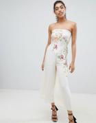 Asos Design Bandeau Jumpsuit With Embroidery - Cream