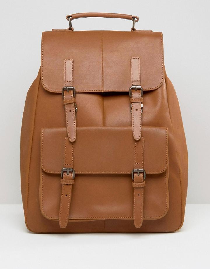 Asos Leather Backpack In Tan With Front Pockets - Tan