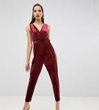 Asos Design Tall Sleeveless Wrap Jumpsuit In Velvet - Pink