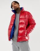 Asos Design Puffer Jacket In High Shine In Red - Red