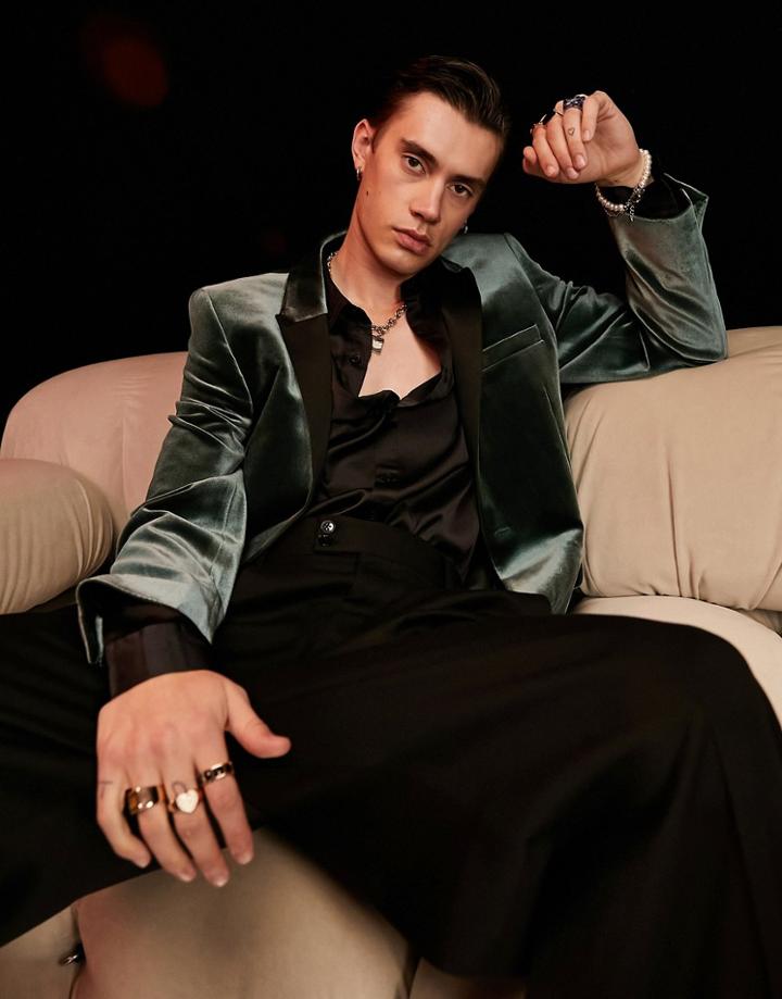 Asos Design Super Skinny Velvet Blazer With Contrast Lapel In Forest Green