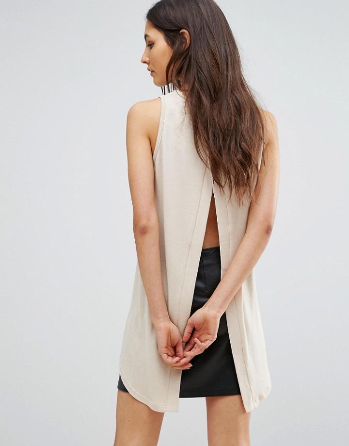 Ax Paris Split Back Dipped Hem Top - Beige