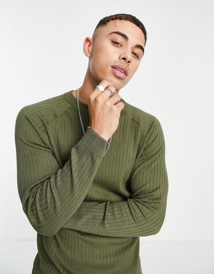 Topman Ribbed Crew Neck Sweater In Green