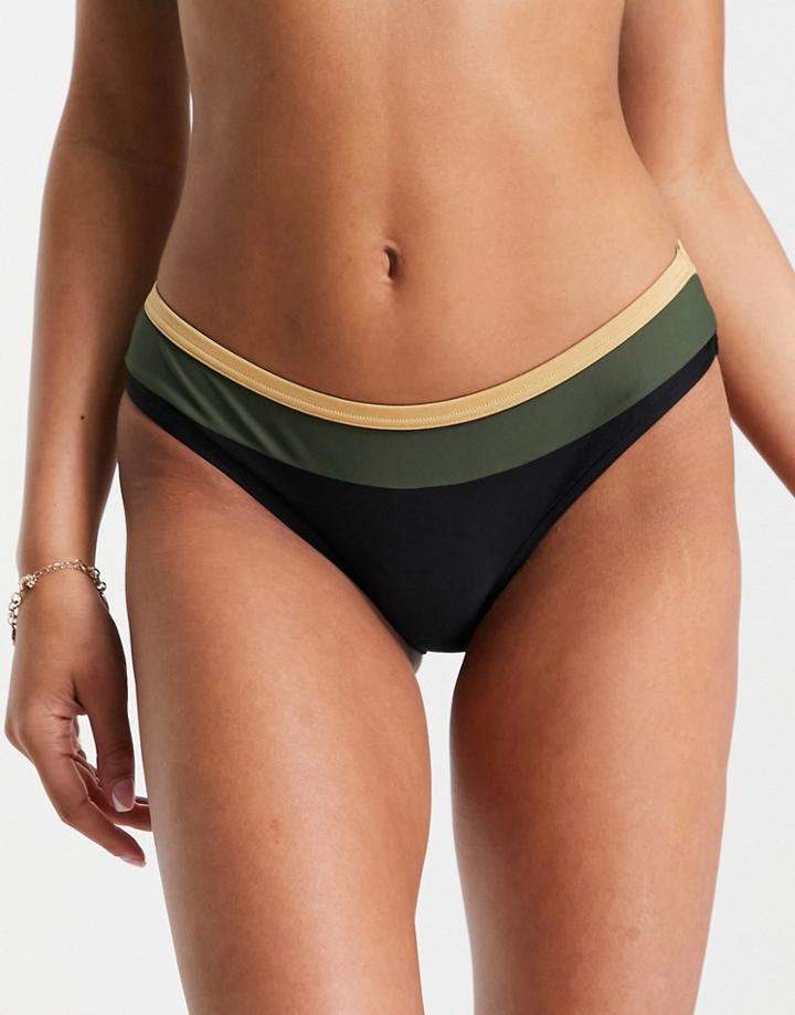 Figleaves Color Block Bikini Bottoms In Black, Khaki & Gold