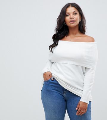 Micha Lounge Curve Bardot Sweater In Fluffy Yarn - Cream