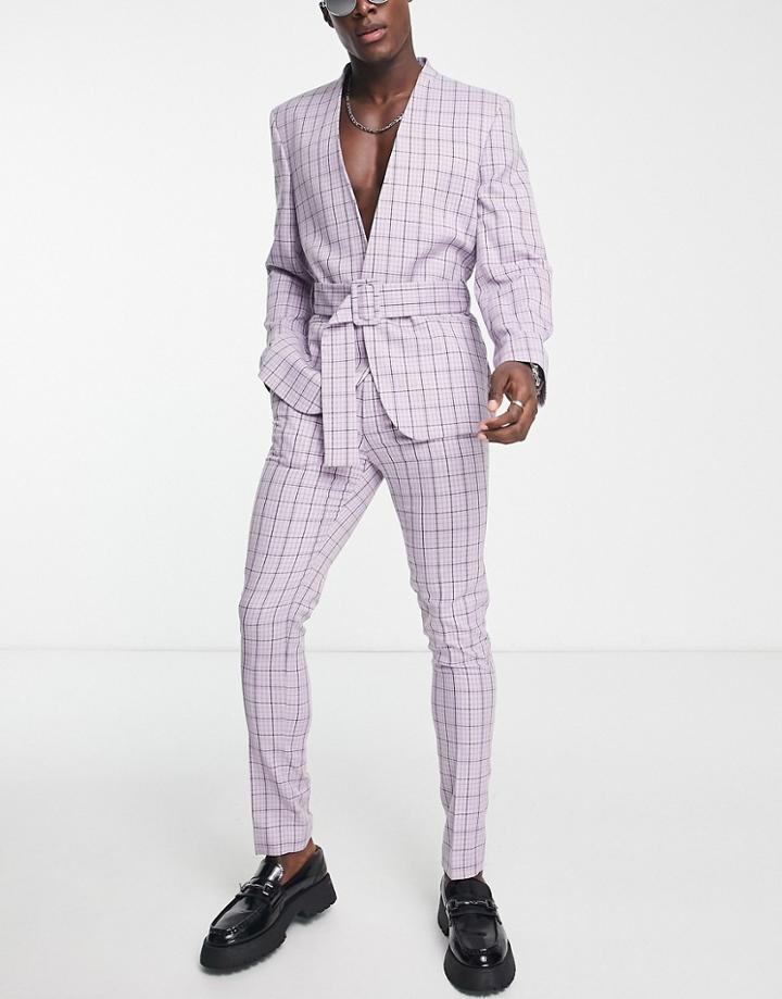 Asos Design Slim Collarless Belted Suit Jacket In Light Lilac Check-purple