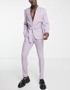 Asos Design Slim Collarless Belted Suit Jacket In Light Lilac Check-purple