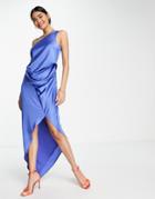 Asos Design One Shoulder Drape Midi Dress In Satin In Blue
