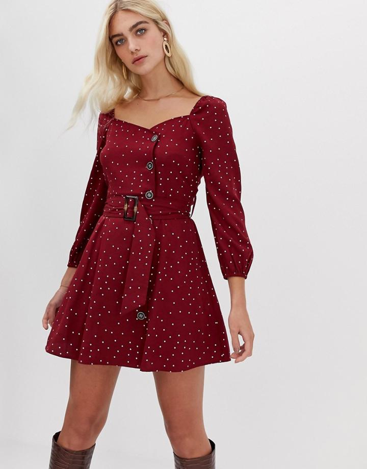 Moon River Buttondown Polka Dot Mini Dress - Red