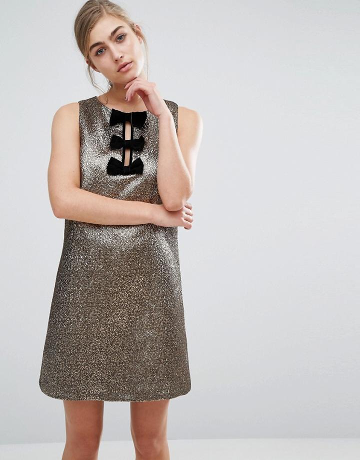 Miss Selfridge Velvet Bow Metallic Shift Dress - Gold