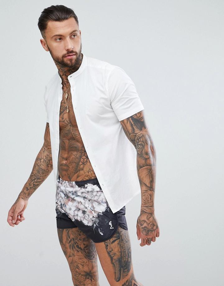 Religion Swim Short With Floral Skull Print - Black