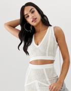 The Girlcode Plunge Front Bandage Crop Top With Lace In Cream Two-piece - Cream