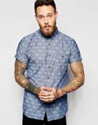 Dr Denim Albert Chambray Short Sleeve Regular Fit Shirt With All Over Print - Mid Blue