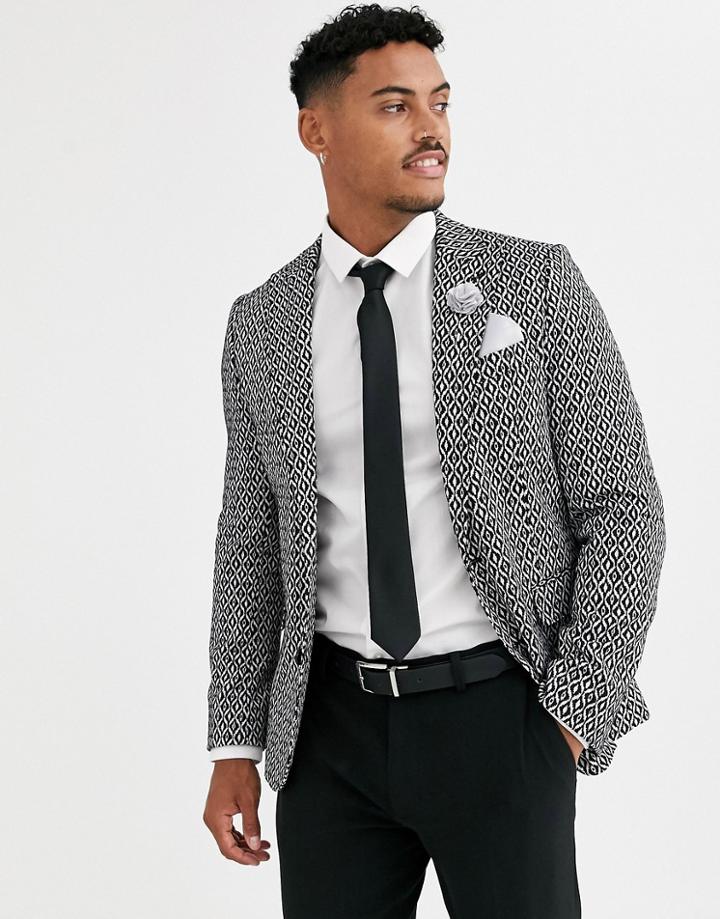 Devils Advocate Skinny Fit Black And White Ikat Blazer