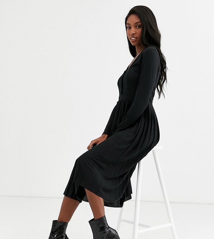 Asos Design Tall Long Sleeve Pleated Mini Dress-black