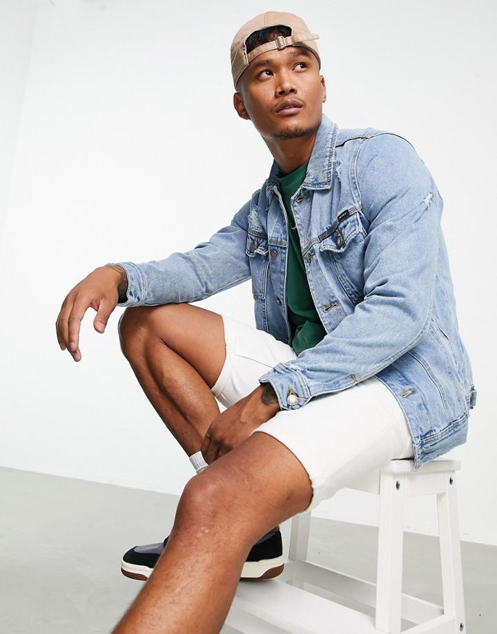 Pull & Bear Ripped Denim Jacket In Mid Blue Wash-blues