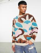Asos Design Knit Abstract Pattern Sweater In Brown