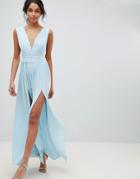 Asos Design Premium Lace Insert Pleated Maxi Dress - Blue