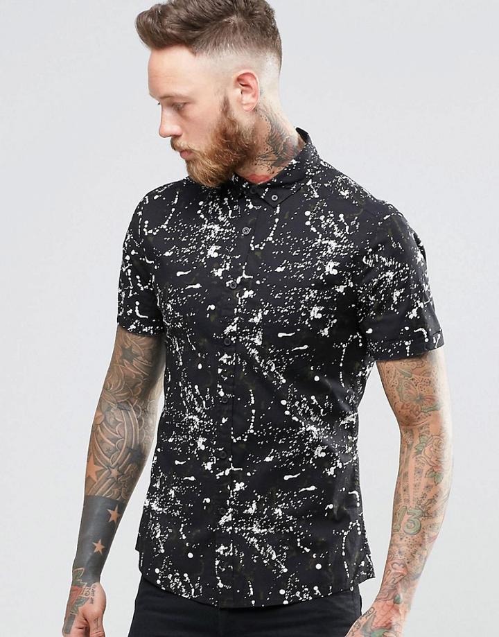 Asos Skinny Fit Shirt In Khaki With Paint Splat Print In Short Sleeve - Khaki