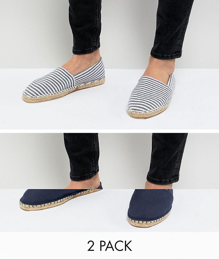 Asos Design Wide Fit Canvas Espadrilles In Navy And Blue Stripe 2 Pack Save - Navy