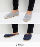 Asos Design Wide Fit Canvas Espadrilles In Navy And Blue Stripe 2 Pack Save - Navy