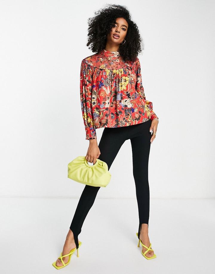 French Connection Long Sleeve Floral Smock Blouse-red