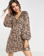 Asos Design Mini Smock Dress With Long Sleeves And Tie Neck Detail In Animal Print-black
