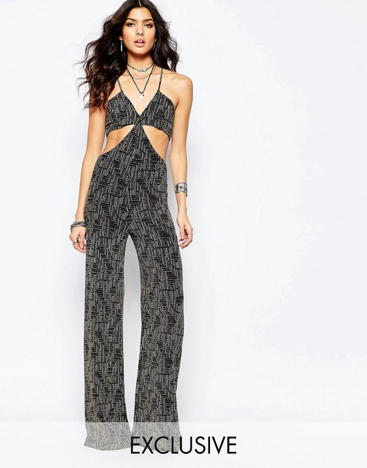 Reclaimed Vintage Strappy 70's Jumpsuit With Sparkle Print - Multi