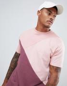 Boohooman Drop Shoulder T-shirt In Tonal Pink Color Block - Pink