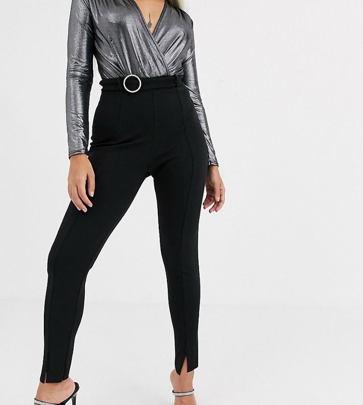 Missguided Petite Rhinestone Belt Slit Front Cigarette Pants In Black