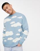 Asos Design Oversized Knitted Sweater With Cloud Design-blues