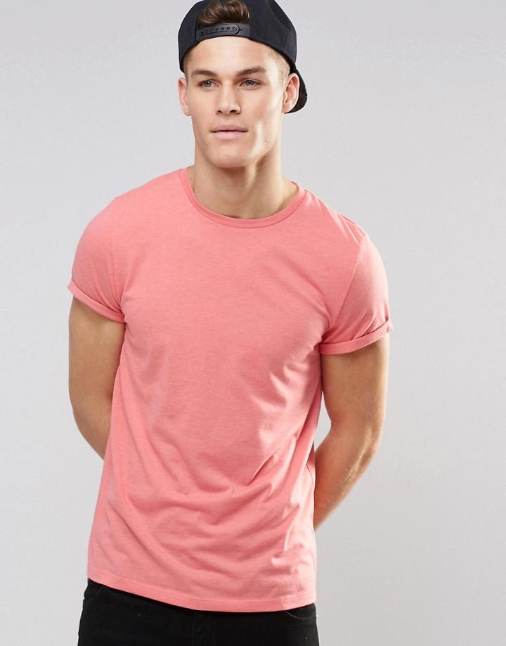 Asos T-shirt With Roll Sleeve In Pink Marl - Tea Rose Marl