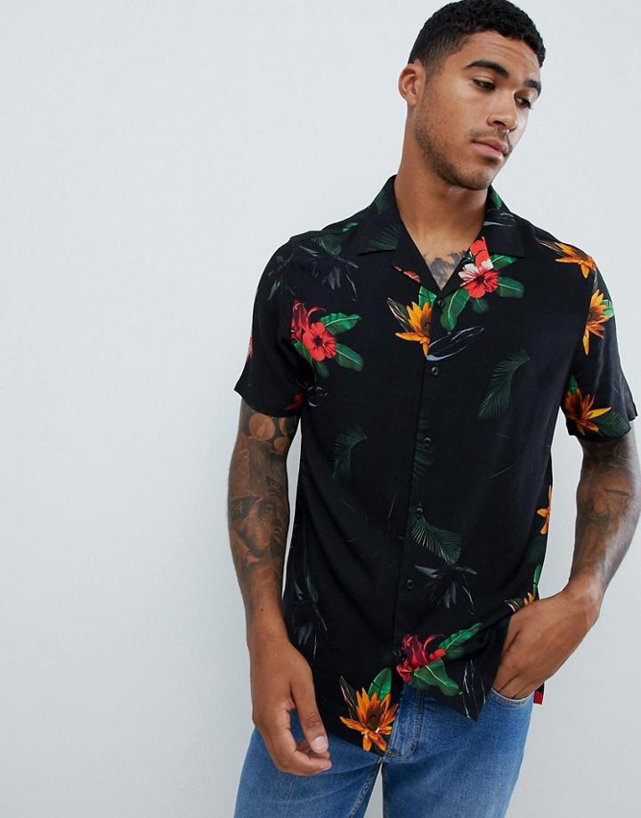 Asos Design Regular Fit Floral Shirt In Black - Black