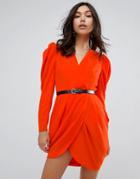 Asos Plunge Neck Wrap Mini Dress With Belt - Red