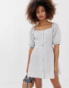 Neon Rose Button Front Tea Dress With Puff Sleeves In Gingham - Gray