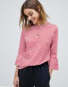 Maison Scotch Clean Striped Fluted Sleeved T-shirt-red