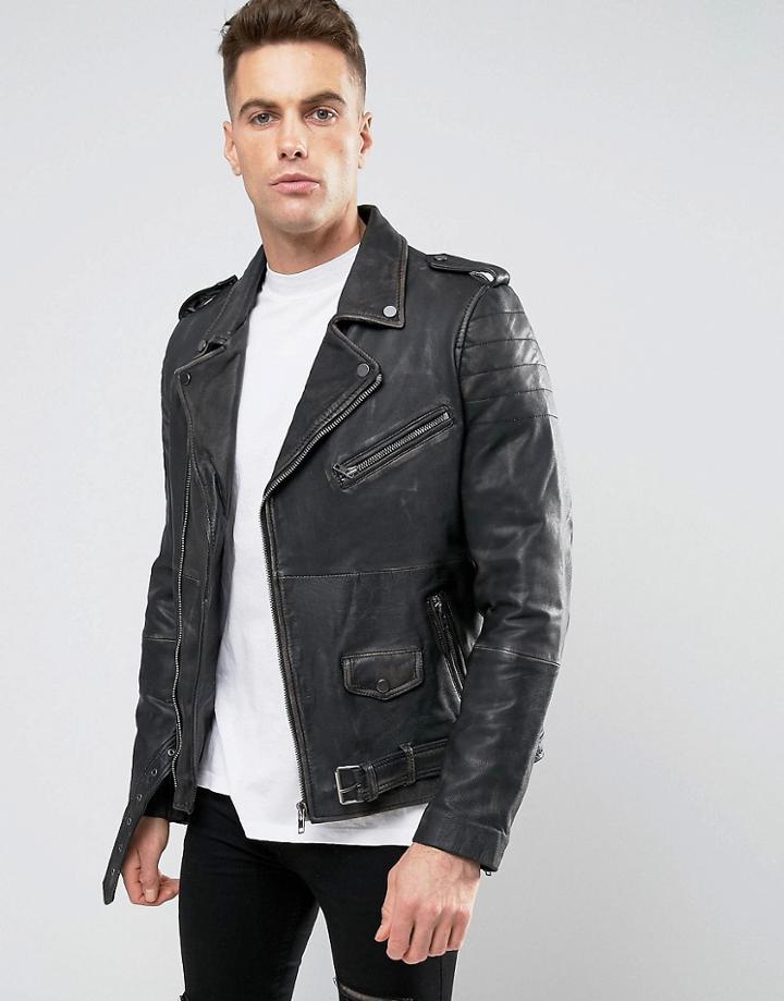 Barneys Premium Washed Leather Biker Jacket - Black