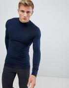 Asos Design Muscle Fit Long Sleeve T-shirt With Turtleneck In Navy - Navy