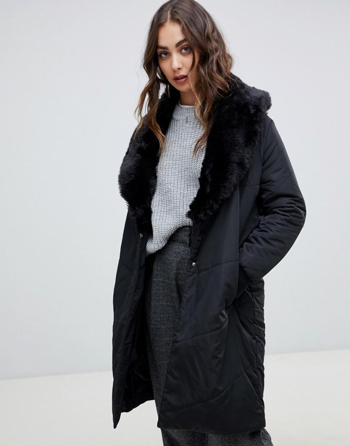 Religion Cover Duvet Coat With Faux Fur Collar-black